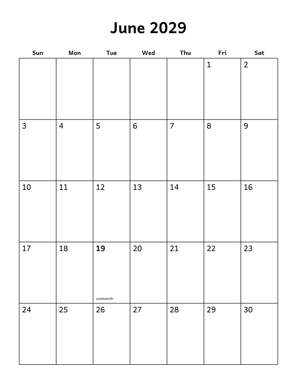 Printable June 2029 calendar, holidays layout, week starting Sunday