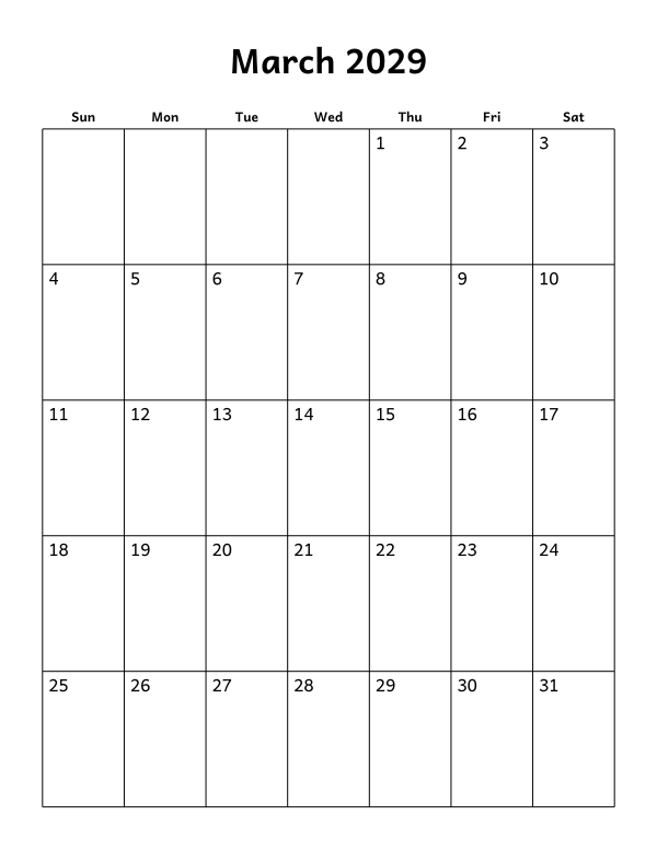 Printable March 2029 calendar, holidays layout, week starting Sunday