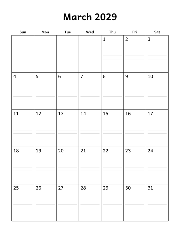 Printable March 2029 calendar, notes layout, week starting Sunday