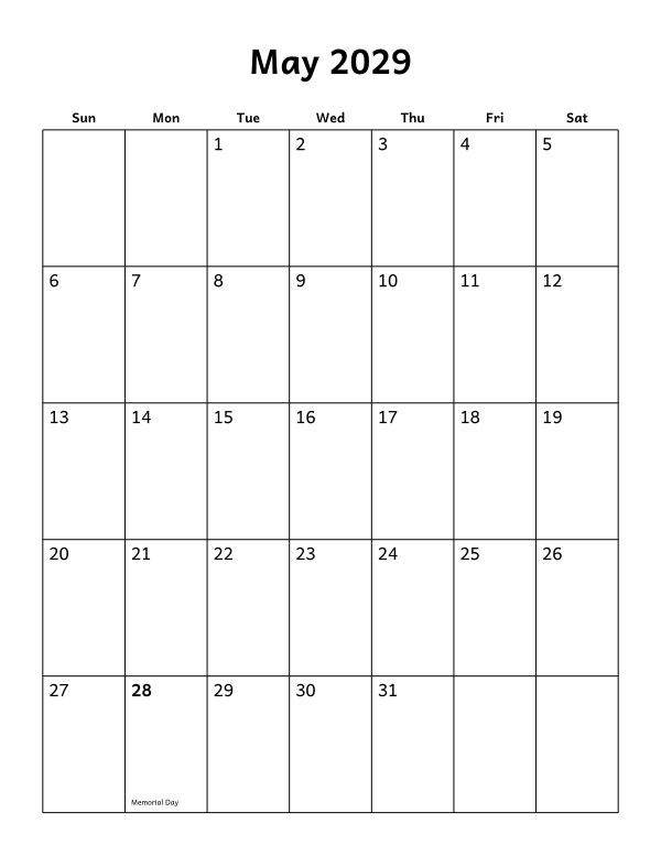 Printable May 2029 calendar, holidays layout, week starting Sunday