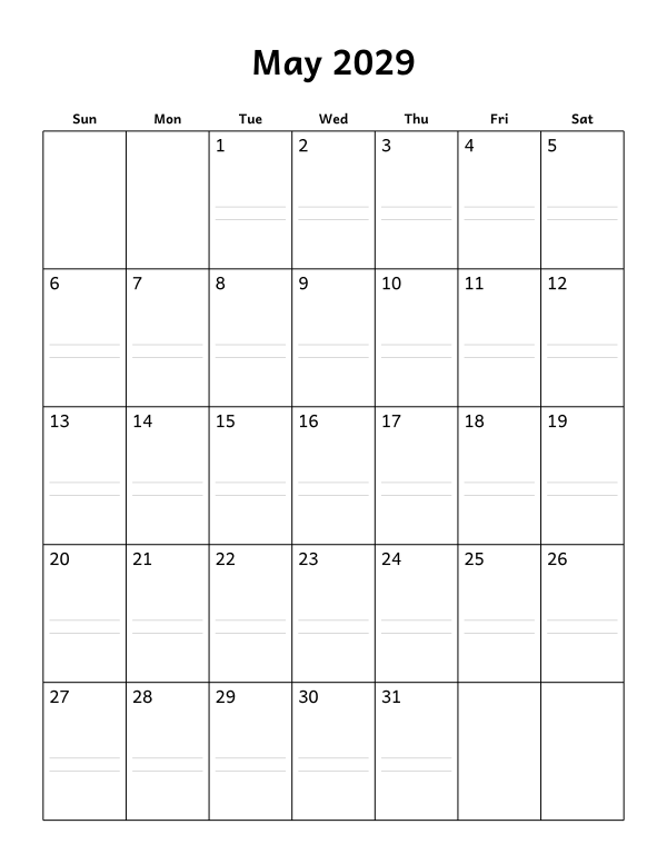 Printable May 2029 calendar, notes layout, week starting Sunday