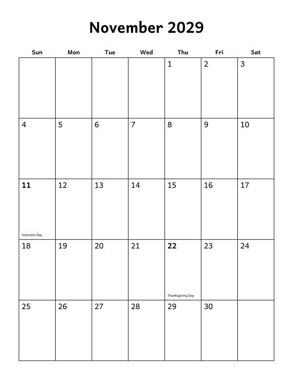 Printable November 2029 calendar, holidays layout, week starting Sunday