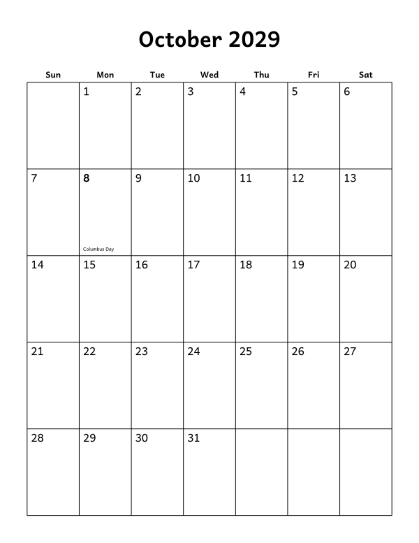Printable October 2029 calendar, holidays layout, week starting Sunday