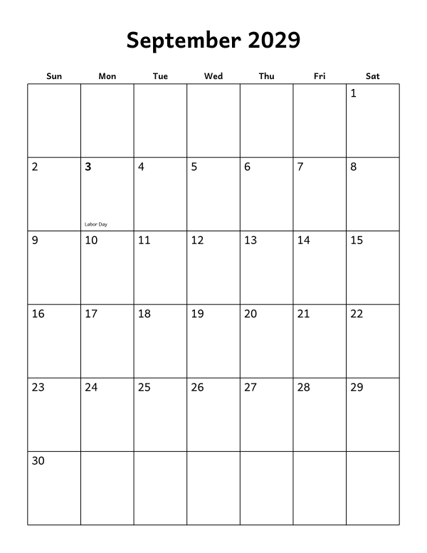 Printable September 2029 calendar, holidays layout, week starting Sunday