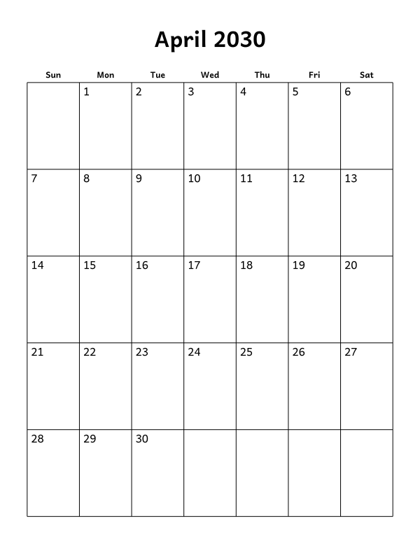 Printable April 2030 calendar, holidays layout, week starting Sunday