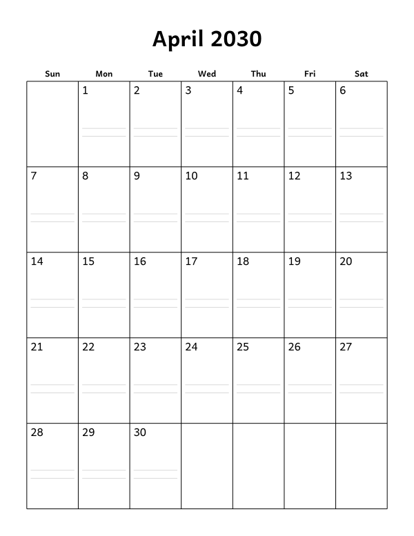 Printable April 2030 calendar, notes layout, week starting Sunday