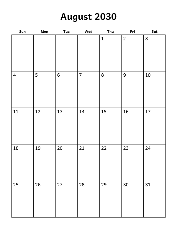 Printable August 2030 calendar, holidays layout, week starting Sunday