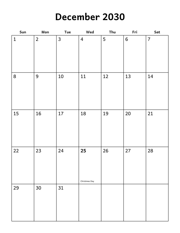 Printable December 2030 calendar, holidays layout, week starting Sunday