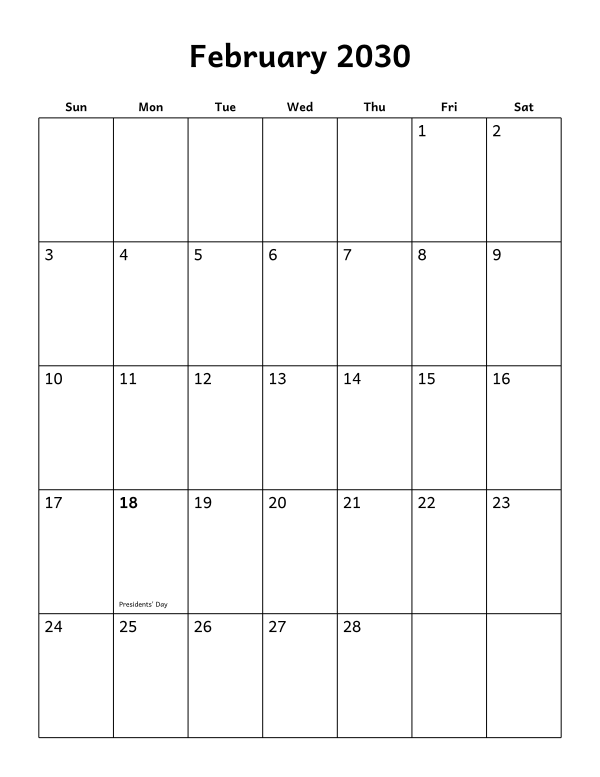 Printable February 2030 calendar, holidays layout, week starting Sunday