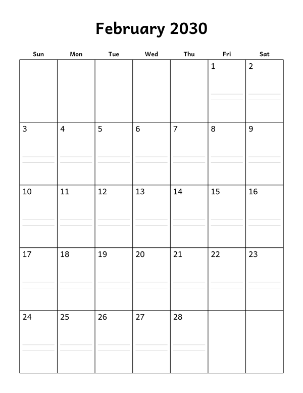 Printable February 2030 calendar, notes layout, week starting Sunday