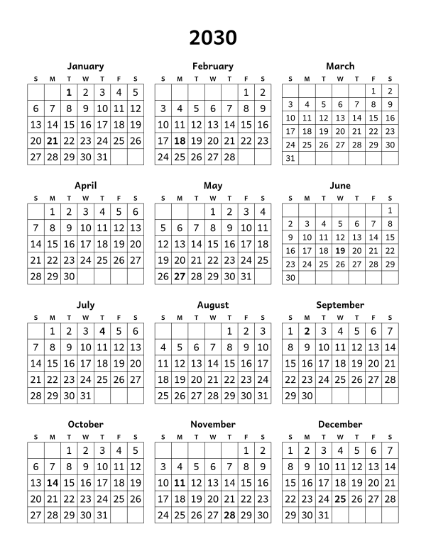 Printable 2030 year-at-a-glance calendar, twelve months on one page, week starting Sunday
