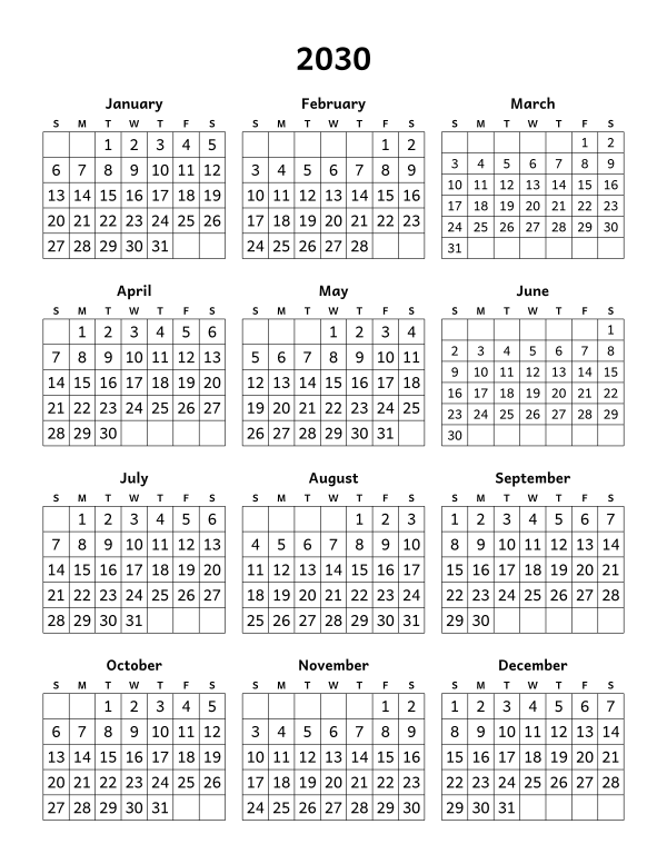 Printable 2030 year-at-a-glance calendar, twelve months on one page, week starting Sunday