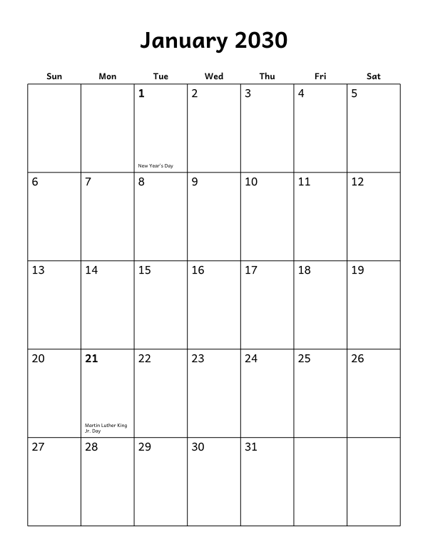 Printable January 2030 calendar, holidays layout, week starting Sunday