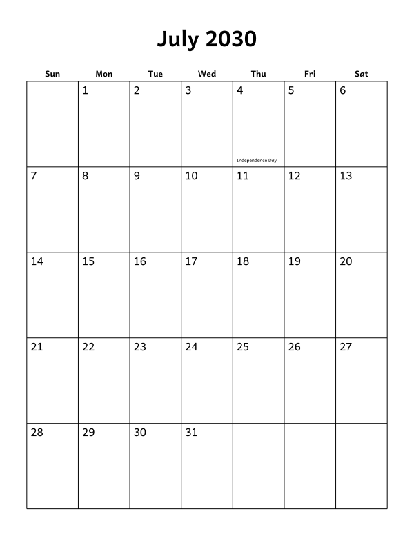 Printable July 2030 calendar, holidays layout, week starting Sunday