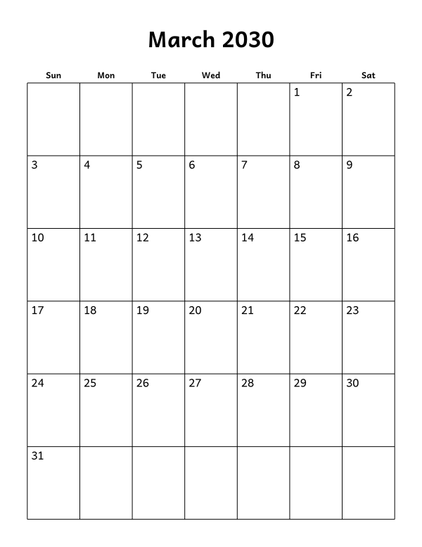 Printable March 2030 calendar, holidays layout, week starting Sunday