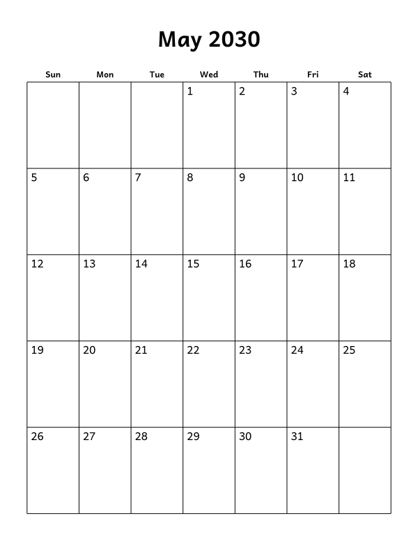 Printable May 2030 calendar, blank layout, week starting Sunday