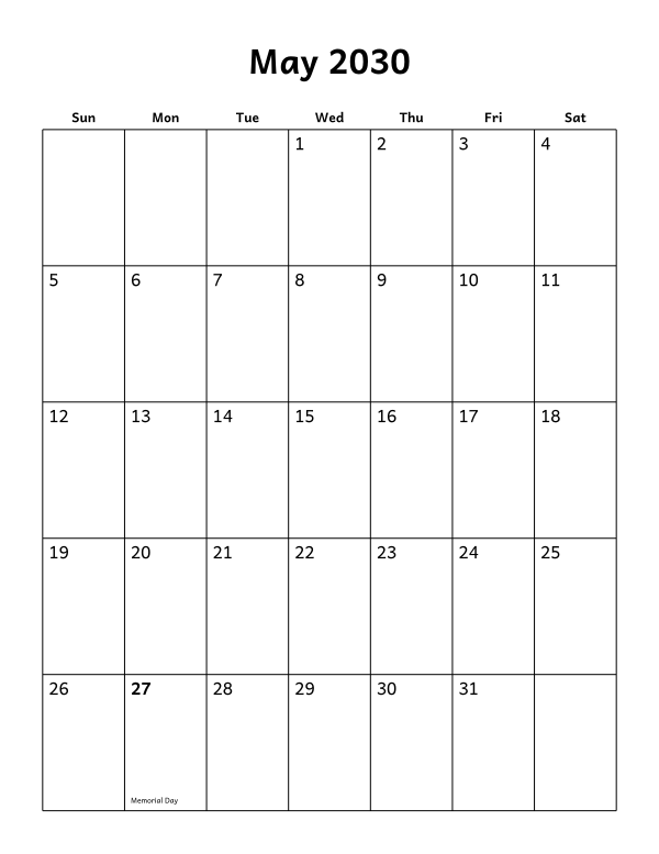 Printable May 2030 calendar, holidays layout, week starting Sunday