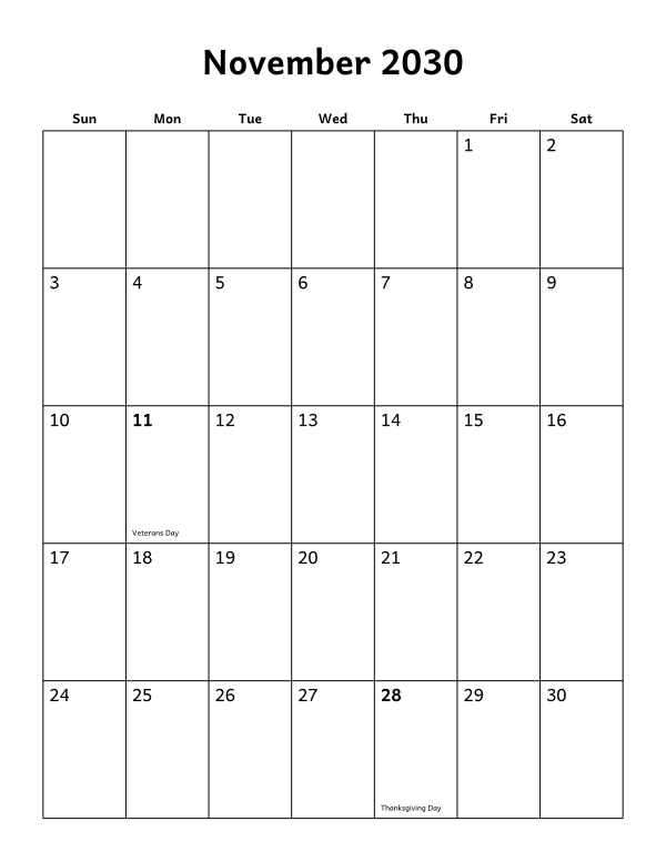 Printable November 2030 calendar, holidays layout, week starting Sunday
