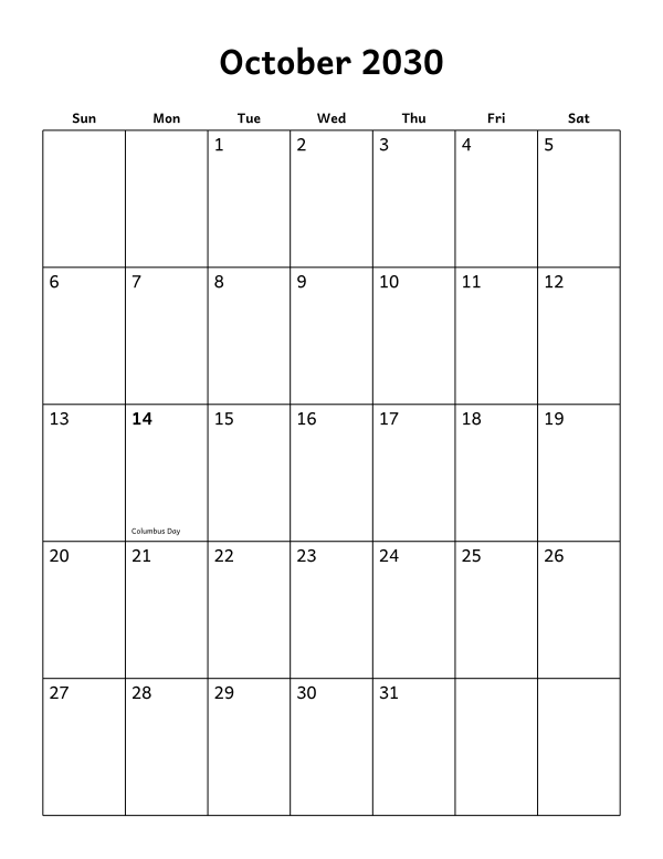 Printable October 2030 calendar, holidays layout, week starting Sunday