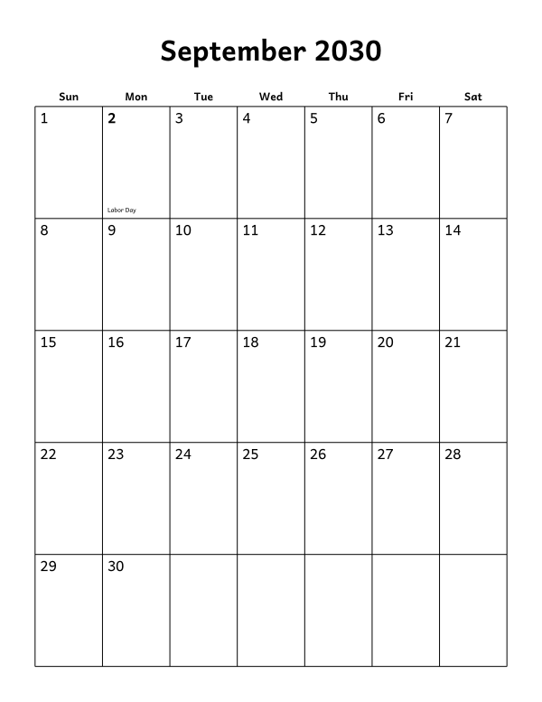 Printable September 2030 calendar, holidays layout, week starting Sunday