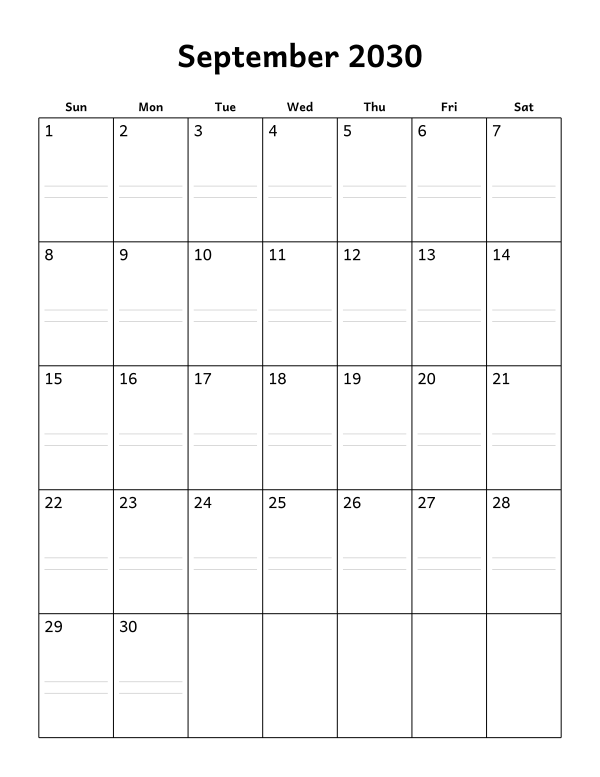 Printable September 2030 calendar, notes layout, week starting Sunday