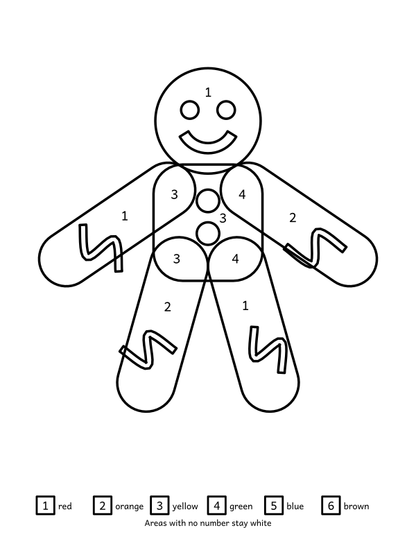 Gingerbread man color by number: a gingerbread figure with piped icing on its arms and legs, two buttons and a smile divided into 29 enclosed areas with a six-colour key