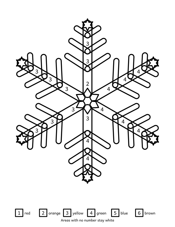 Snowflake color by number: a six-armed snowflake with branching side spurs and a star at each tip divided into 139 enclosed areas with a six-colour key