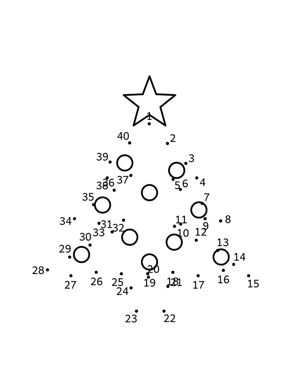 Christmas tree dot to dot: 40 numbered dots around a three-tier tree with a star on top and round ornaments