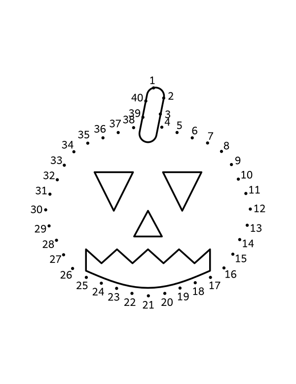 Jack-o-lantern dot to dot: 40 numbered dots around a ribbed pumpkin with a curled stem, triangular eyes and a wide toothy grin