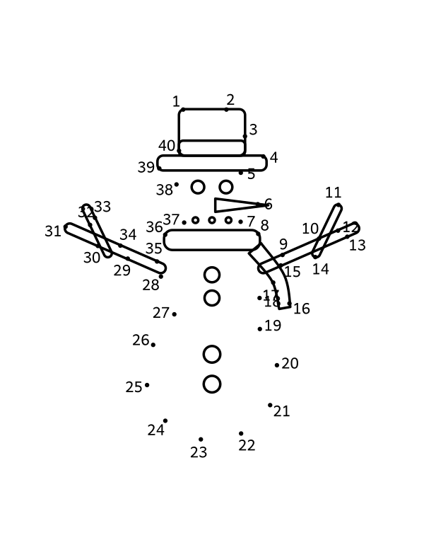 Snowman dot to dot: 40 numbered dots around a three-ball snowman in a top hat and scarf, with twig arms and a carrot nose