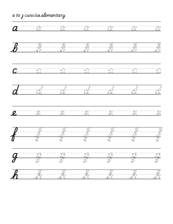 cursive handwriting tracing worksheet, the 26 lower-case letters, dashed guide letters, 0.46 inch line height