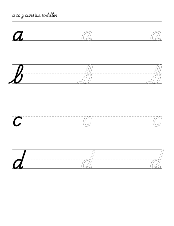 cursive handwriting tracing worksheet, the 26 lower-case letters, dashed guide letters, 0.92 inch line height