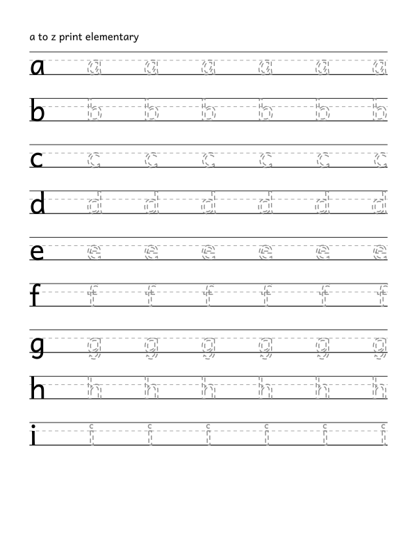 print handwriting tracing worksheet, the 26 lower-case letters, dashed guide letters, 0.46 inch line height