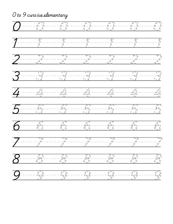 cursive handwriting tracing worksheet, the digits 0 to 9, dashed guide letters, 0.46 inch line height