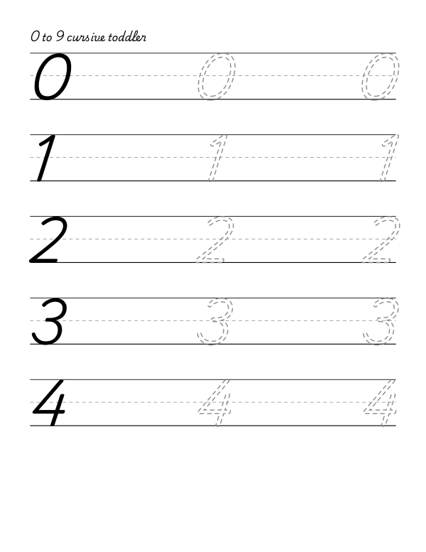 cursive handwriting tracing worksheet, the digits 0 to 9, dashed guide letters, 0.92 inch line height