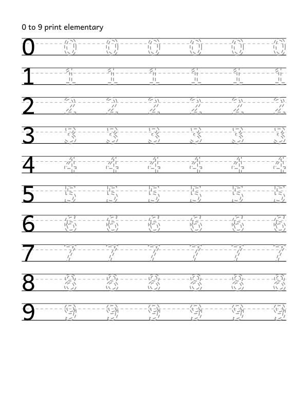 print handwriting tracing worksheet, the digits 0 to 9, dashed guide letters, 0.46 inch line height