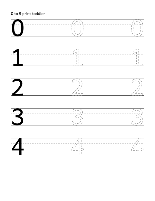 print handwriting tracing worksheet, the digits 0 to 9, dashed guide letters, 0.92 inch line height