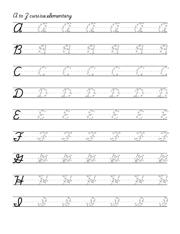 cursive handwriting tracing worksheet, the 26 capital letters, dashed guide letters, 0.46 inch line height