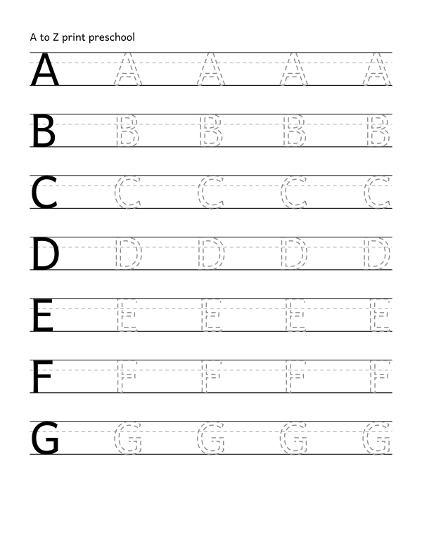 print handwriting tracing worksheet, the 26 capital letters, dashed guide letters, 0.66 inch line height